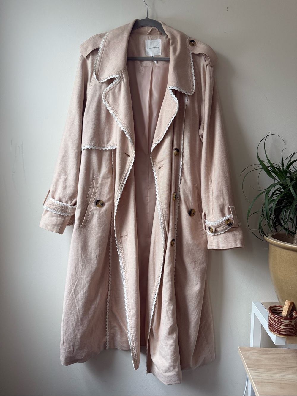 Avec Les Filles Nude Cream Trench Coat 🧥 with Lace Trim and tortoiseshell button